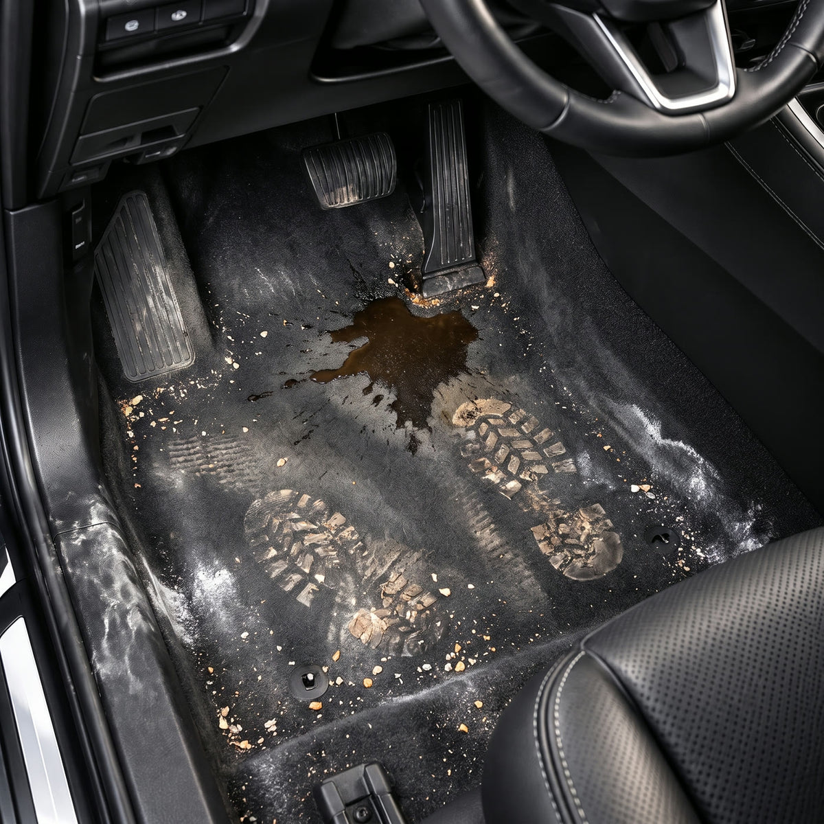Car carpet with coffee spill, mud and road salt, no floor liner