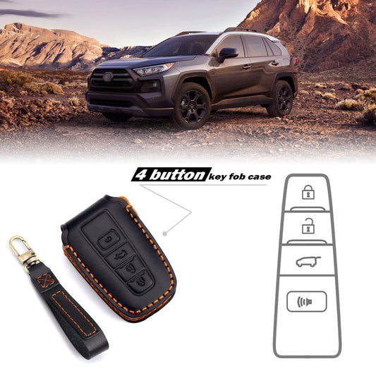 3W Toyota RAV4 Key Fob Cover Case 360 Degree Protection Genuine Leather with Keychain Vehicles & Parts 3Wliners RAV4 KC 4 Buttons Black 